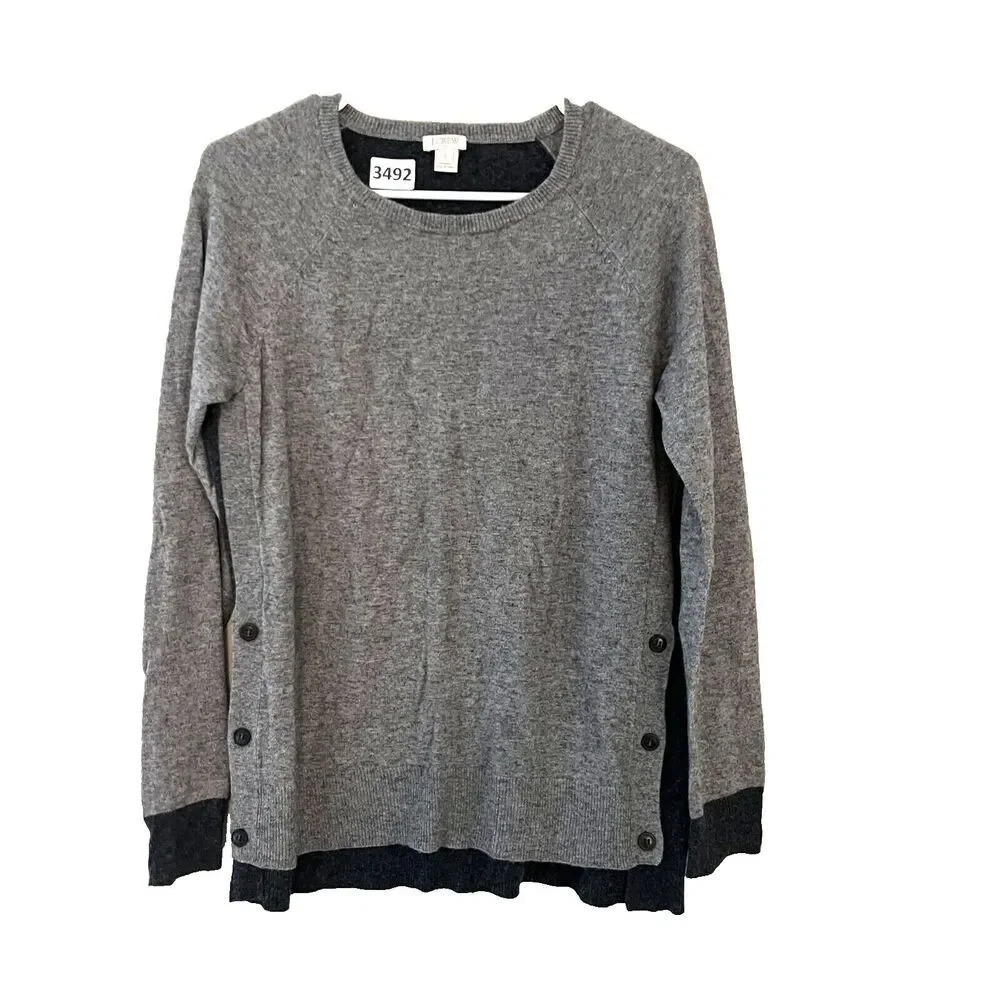 J Crew Women Gray Black Pullover Wool Sweater S Long Sleeve Crew Neck Colorblock